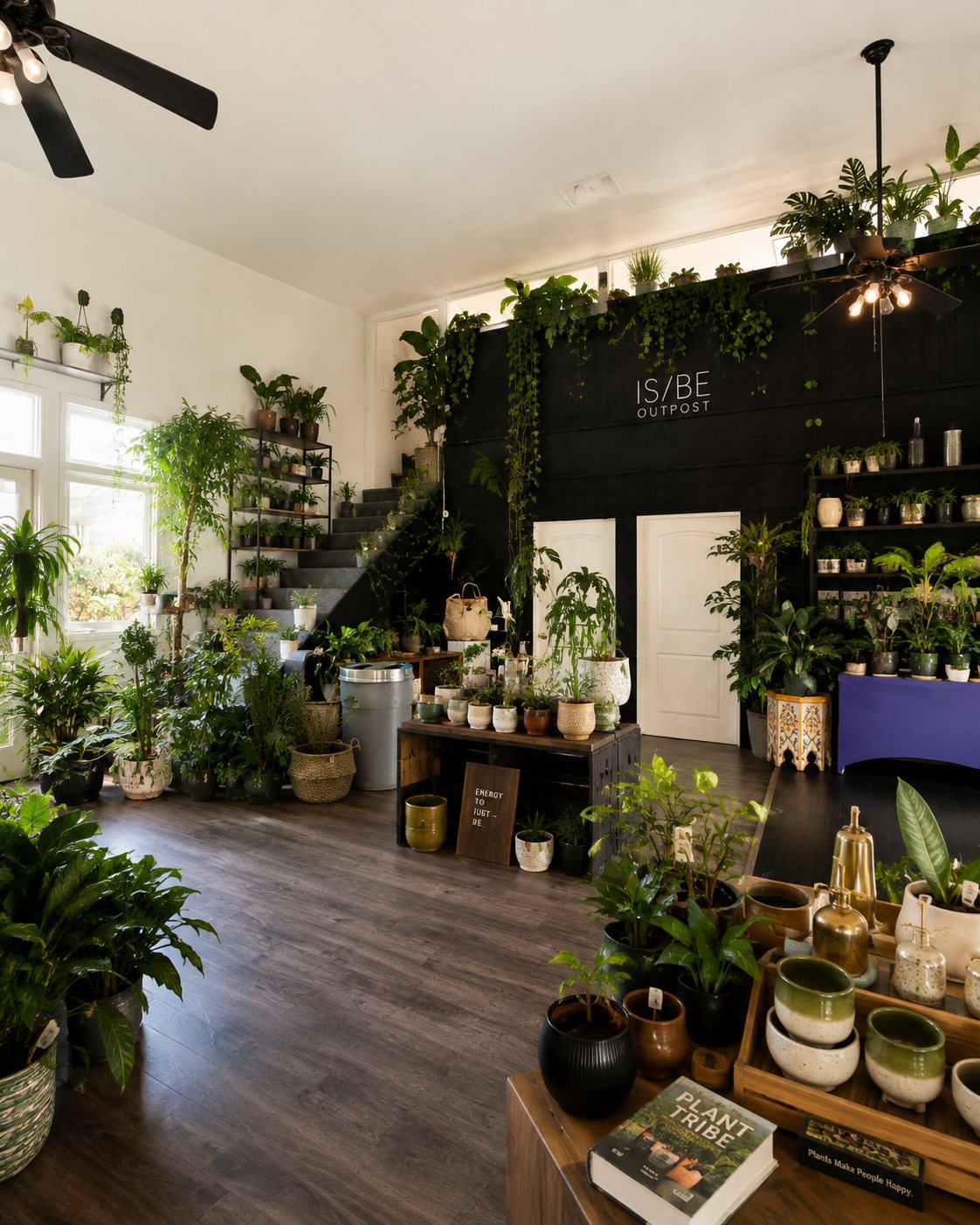 Houseplants, wood shelves and the black IS/BE Outpost wall inside IS/BE Outpost in Carlsbad Village